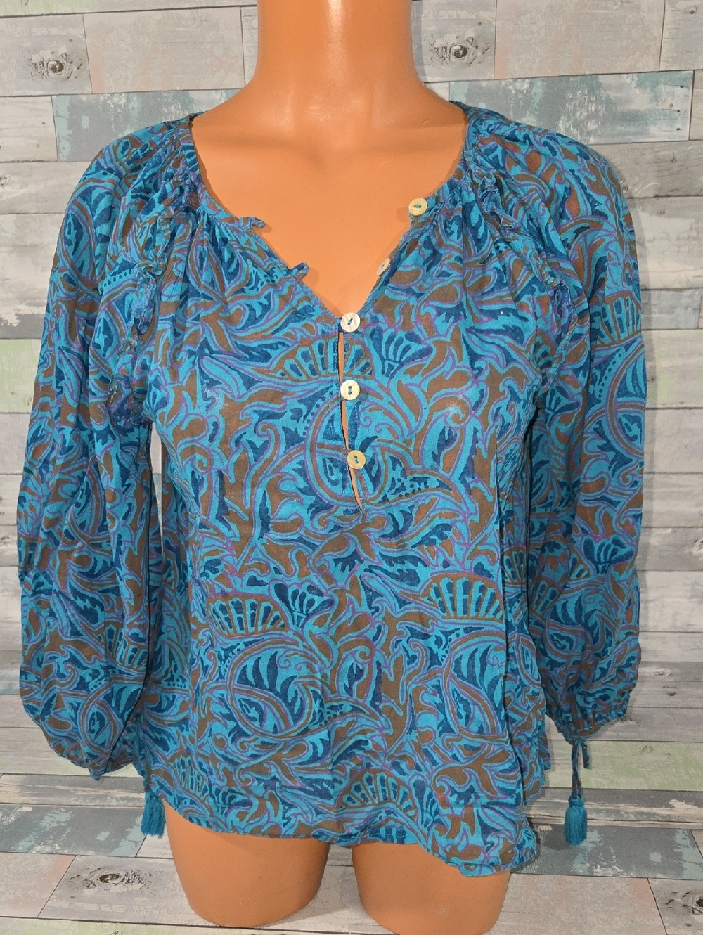 Cleobella Blue Paisley Peasant Blouse Sz X-Small Organic Cotton